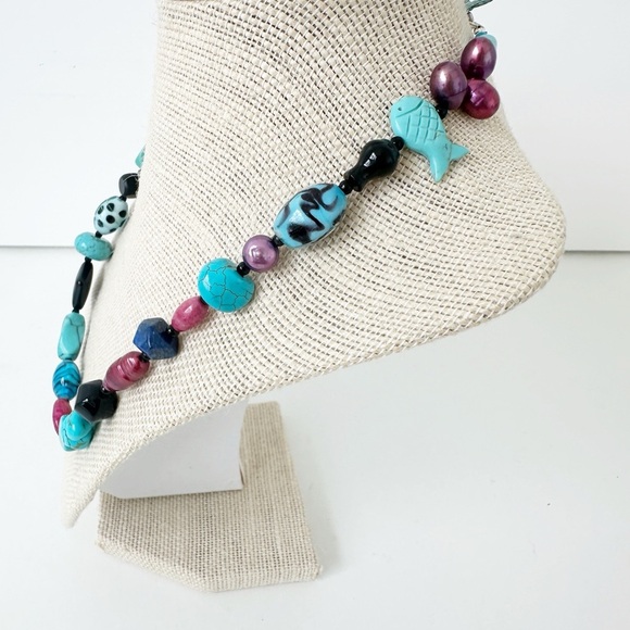 NWT Genuine Lapis, Cherry Quartz, Turquoise, Murano Glass, Black Onyx Necklace - Picture 6 of 6